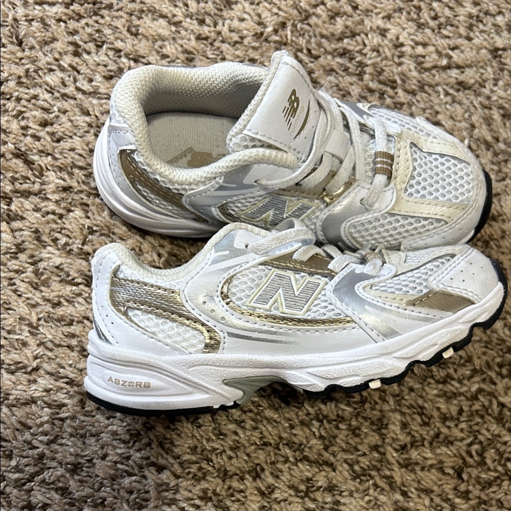 New Balance Kids' White and Gold Sneakers